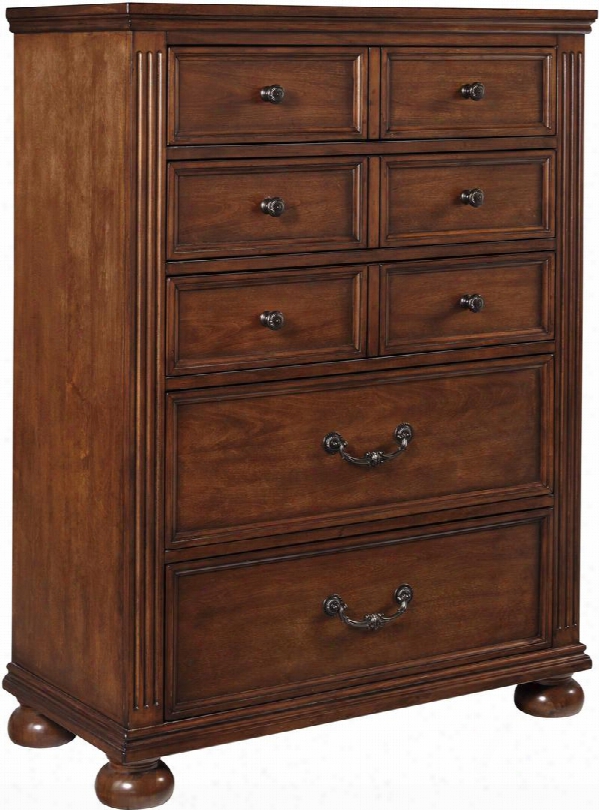 Lazzene Collection B529-46 36" Chest With 5 Drawers Molding Details Decorative Bails And Knobs Bun Feet And Dovetailed Drawer Boxes In Medium