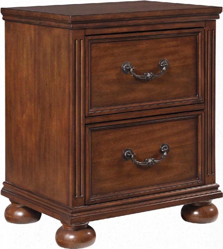 Lazzene Collection B529-92 22" Nightstand With 2 Drawers Molding Details Decorative Bail Pulls Bun Feet And Dovetailed Drawer Boxes In Medium