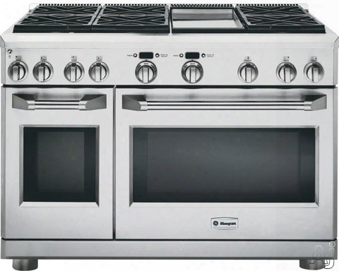 Monogram Zdp486ndpss 48 Inch Pro-style Dual-fuel Range With 6 Sealed Dual Flame Stacked Burners, 5.75 Cu. Ft. Reverse Air/european Convection Oven, 2.5 Cu. Ft. Companion Oven, Griddle, Glide Racks And Star-k Certified: Natural Gas
