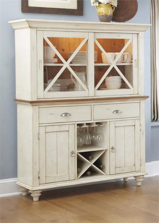Ocean Isle Collection 303-cd-hb 51" Hutch & Buffet With Glass Stemware Rack Wine Rack Touch Lighting And Turned Legs In Bisque With Natural Pine