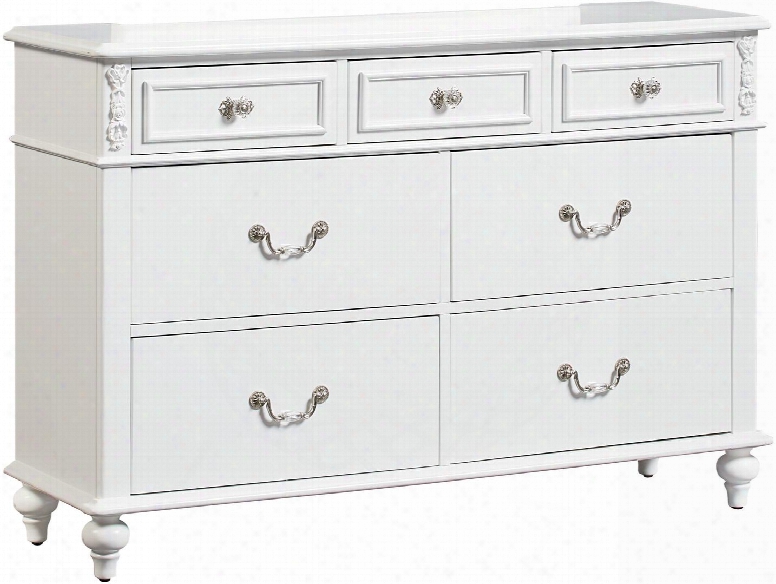 Olivia Collection 938859 56" Dresser With 7 Drawers Decorative Pull Knobs And Bails Carved Floral Ornaments French Dovetailed Drawer Boxes And Turned Legs In