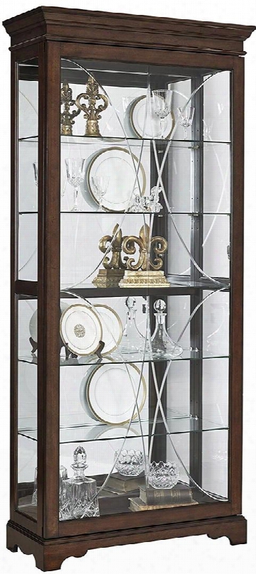 P021575 Diamond Etched Ssliding Door Curio With Four Adjustable Glass Shelves Mirror Back And One Led Light Dimmer Switch In