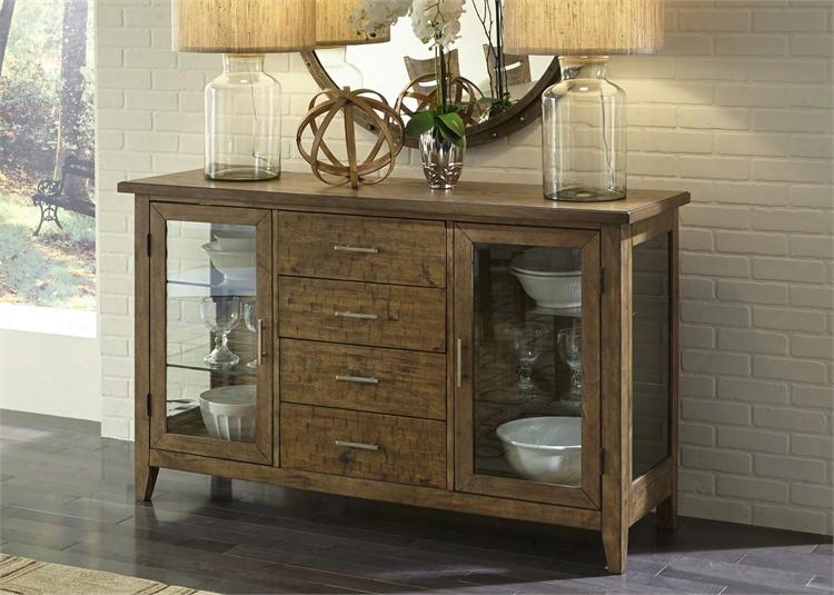 Pbeble Creek I Collection 376-sr6036 60" Server With 4 Drawers Led Touch Lighting 2 Glass Doors And 4 Glass Shelves In Weathered Butterscotch