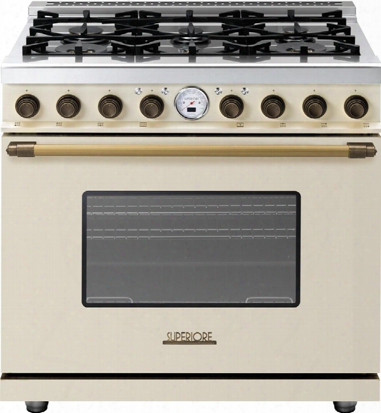 Rd361sccb 36" Deco Series Freestanding Dual Fuel Range With 6 Sealed Burners Electric Oven Convection And 3 Oven Racks In Cream Matte With Bronze