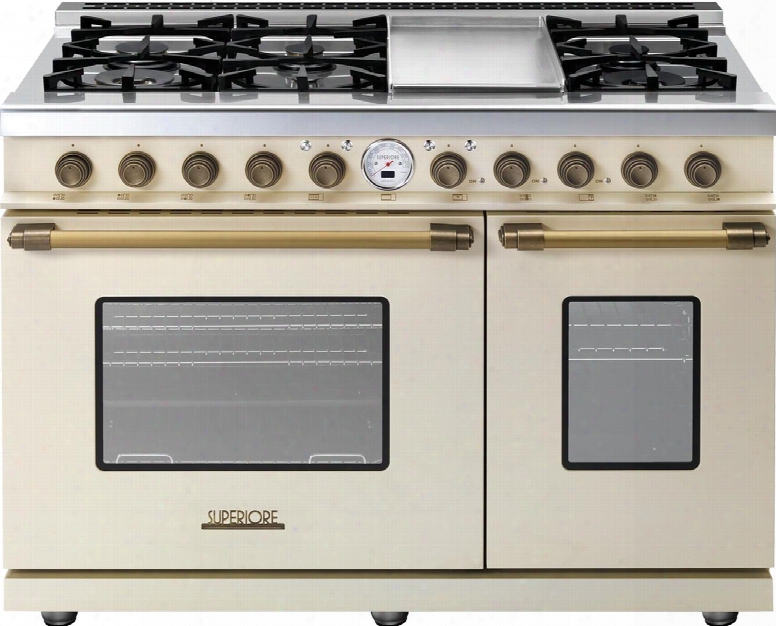 Rd482sccb 48" Deco Series  Freestanding Dual Fuel Range With 6 Sealed Burners Self Clean Function Electric Griddle And Convection In Cream Matte With Bronze