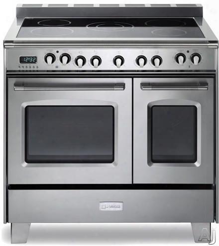 Verona Classic Series Vclfsee65dss 36 Inch Double Oven Electric Range With 3.9 Cu. Ft. Total Oven Capacity, 5 Radiant Heating Elements, European Convection, Closed Door Broil, Ez Clean Porcelain Oven Interior, Ez Glide Rolling Rack, Beveled Doors, Plinth