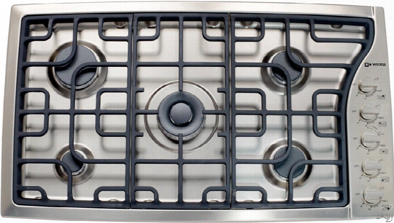 Verona Vectgms365ss 36 Inch Gas Cooktop With 5 Sealed Burners, Side Control, 18,500 Btu Power Burner, Continuous Cast Iron Grates, Cast-iron Burner Caps, Electronic Ignition, Re-ignition And Stainless Steel Design