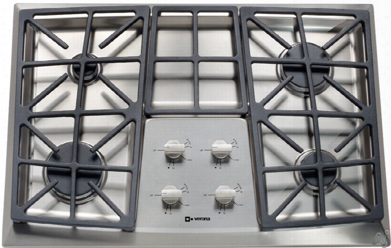 Verona  Vectgv304ss 30 Inch Gas Cooktop With 4 Sealed Burners, Front Control, Cast Iron Continuous Grates, Stainless Steel Surface, Small Pot Reducer And Lp Conversion Kit Included