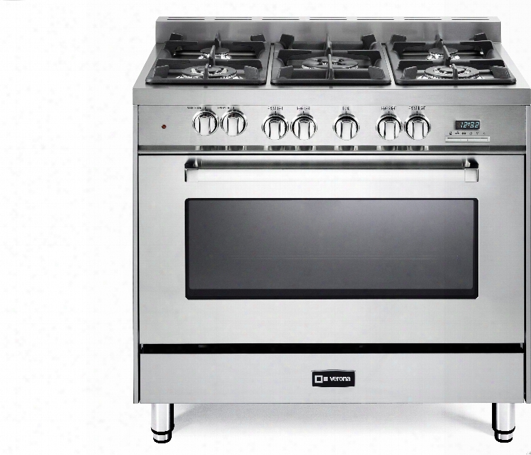 Verona Vefsge365n 36 Inch Dual-fuel Range With 4.0 Cu. Ft. European Convection Oven, 5 Sealed Burners With 52,000 Btu Total, Wok Ring, Ez Clean Porcelain Surface, Digital Clock And Timer And Storage Drawer