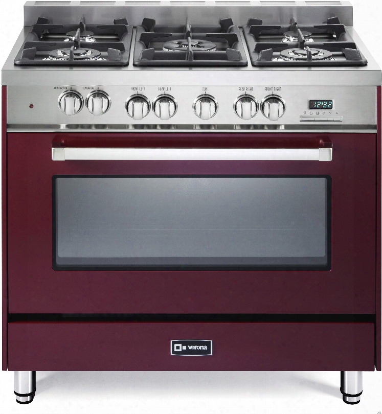 Verona Vefsge365nbu 36 Inch Pro-style Dual=fuel Range With 5 Sealed Burners, 4.0 Cu. Ft. European Convection Oven, Multi Function Oven, Digital Clock/timer And Storage Drawer: Burgundy Gloss