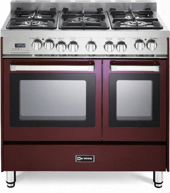 Verona Vefsge365ndbu 36 Inch Pro-style Dual-fuel Double Oven Range With 5 Sealed Burners, 3.9 Cu. Ft. Whole Capacity, 2 European Convection Ovens, Multi Function Programmable Ovens, Wok Ring And Storage Drawer: Burgundy Gloss