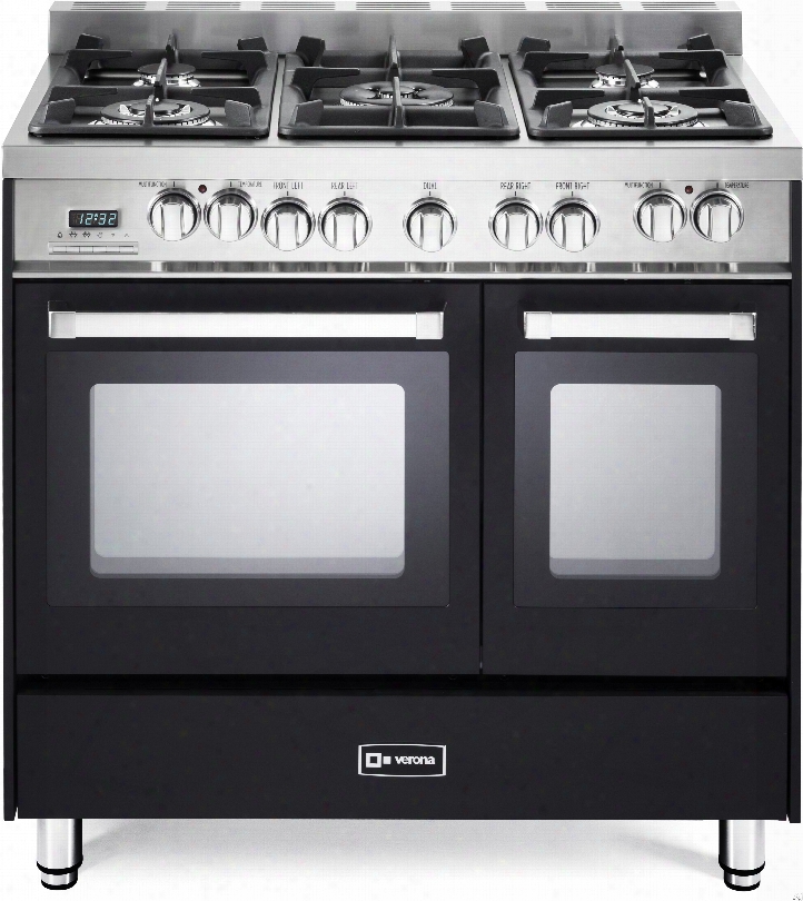 Verona Vefsge365nde 36 Inch Pro-style Dual-fuel Double Oven Range With 5 Sealed Burners, 3.9 Cu. Ft. Total Capacity, 2 European Convectiion Ovens, Multi Function Programmable Ovens, Wok Ring And Storage Drawer: Matte Black