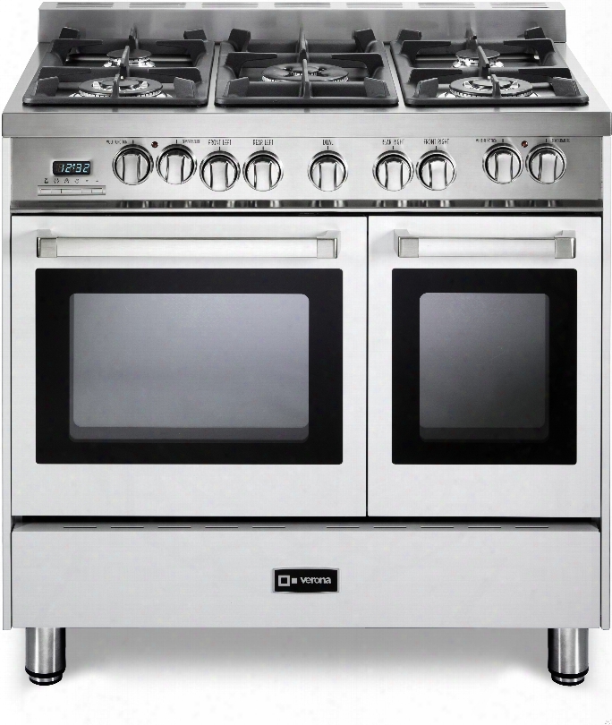 Verona Vefsge365ndw 36 Inch Pro-style Dual-fuel Double Oven Range Wiith 5 Sealed Burners, 3.9 Cu. Ft. Total Capacity, 2 Eurpean Convection Ovens, Multi Function Programmable Ovens, Wok Ring And Storage Drawer: White