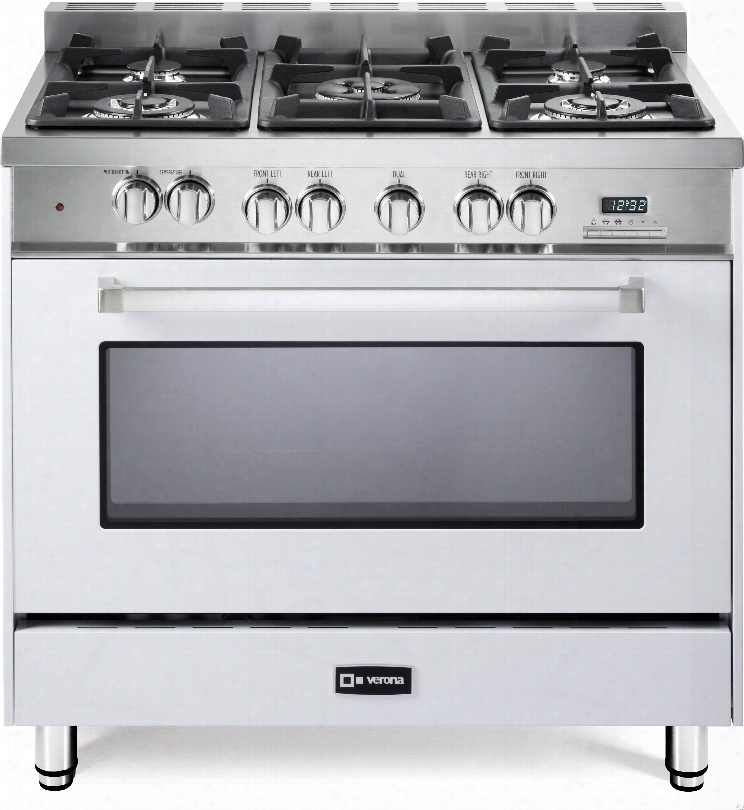 Verona Vefsge365nw 36 Inch Pro-style Dual-fuel Range With 5 Sealed Burners, 4.0 Cu. Ft. European Convection Oven, Multi Function Oven, Digital Clock/timer And Storage Drawer: White