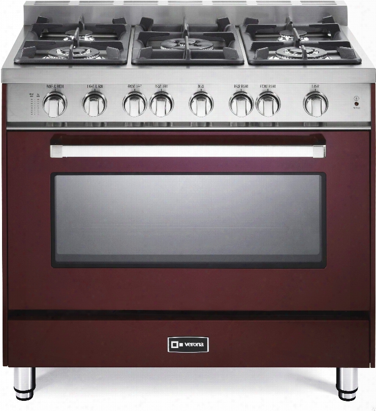 Verona Vefsgg365nbu 36 Inch Pro-style Gas Range With 5 Sealed Burners, 52,000 Btu Cooktop, 4.0 Cu. Ft. Turbo-electric Convection Fan, Infrared Broiler, Wok Ring, Flame Failure Safety, Bell Timer And Storage Drawer: Burgundy