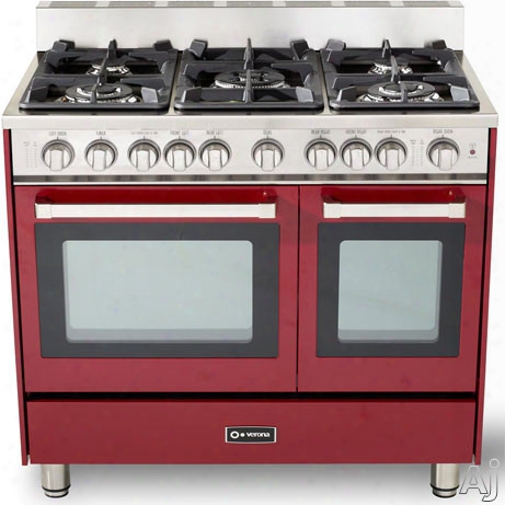 Verona Vefsgg365ndbu 36 Inch Pro-style Gas Range With 3.9 Cu. Ft. Total Oven Capacity, 5 Sealed Burners, 2 Turbo-electric Convection Fans, Ez Clean Porcelain Surface, Infrared Broiler, Bell Timer And Storage Drawer: Burgundy Gloss