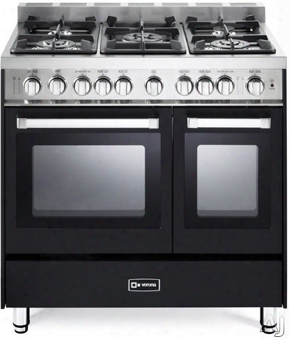Verona Vefsgg365nde 36 Inch Pro-style Gas Range With 3.9 Cu. Ft. Total Oven Capacity, 5 Sealed Burners, 2 Turbo-electric Convetcion Fans, Ez Clean Porcelain Surface, Infrared Broiler, Bell Timer And Storage Drawer: Matte Black