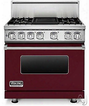 Viking Professional 7 Series Vdr7364gbu 36 Inch Pro-style Dual-fuel Range With 4 Seaed  Burners, Varisimmers, Vari-speed Dual Flow Convection Oven, Self-clean, Infrared Broiler And Griddle: Burgundy, Natural Gas