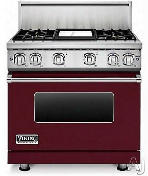 Viking Professional 7 Series Vgr73614gbu 36 Inch Gas Range With Convection, Vichrome Griddle, Simmer Burners, 5.1 Cu. Ft. Oven, 4 Sealed Burners, Star-k Certified, Easy Clean Porcelain Interior And Dishwasher-safe Knobs, Grates And Burner Caps: Burgundy, 