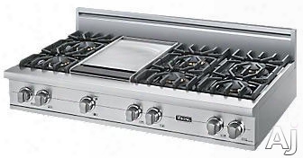 Viking Professional Custom Series Vgrt5486gsslp 48 Inch Pro-style Gas Rangetop With 6 Vsh Pro Sealed Burners, Varisimmers, Powerplus 18,500 Btu Burner, 12 Inch Griddle, Automatic Re-ignition And Stainless Steel Knobs: Liquid Propane