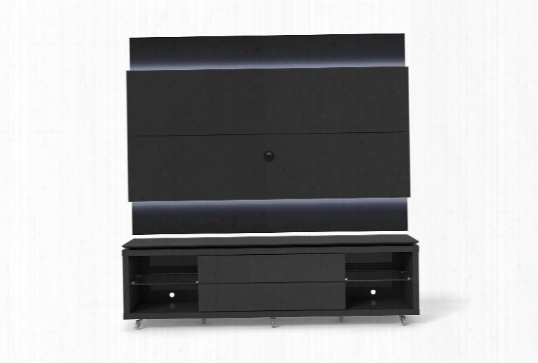 Lincoln 2.2 Collection 2-1735384053 85" Tv Stand And Tv Panel With Led Lights 4 Shelves And Silicone Wheels In Black Gloss And Black