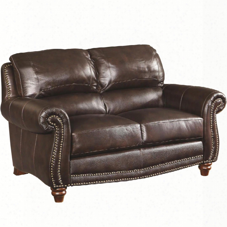 Lockhart Collection 504692 64" Loveseat With Cappuccino Turned Legs Attached Cushions Nail Head Trim Rolled Arms Split Back Cushions And Leather Upholstery