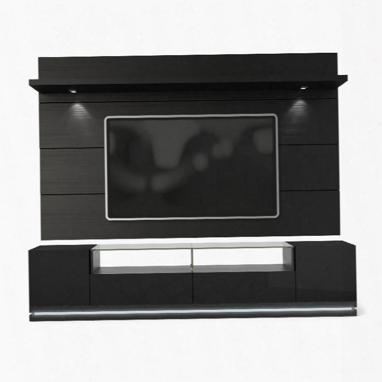 Vanderbilt And Cabrini 2.2 Collection 2-1755382353 85" Tv Stand And Floating Wall Tv Panel With A Led Light 5 Shelves And 2 Drawers In Black Gloss And Black