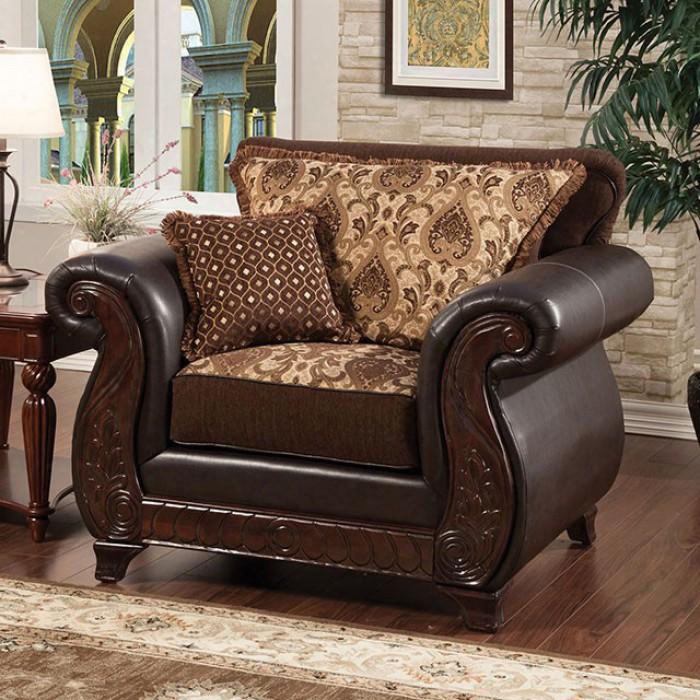 Franklin Collection Sm6106-ch 48" Chair With Rolled Arms Intricate Wood Trim And Fabric &  Leatherette Upholstery In Dark