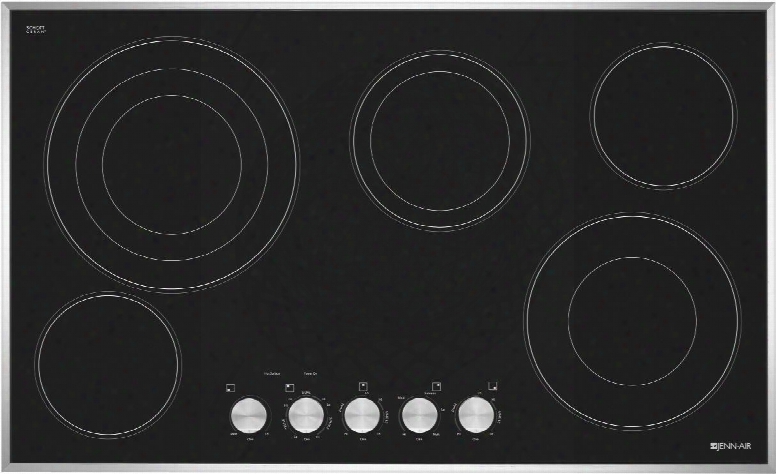 Jec3536bs 36" Electric Cooktop With 5 Radiant Elements Euro-style Barrel Knobs Elegant Beveled Glass Edge Black Floating Glass Design In Stainless