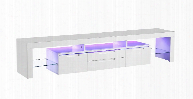 Lh-601-w 74" Tv Stand With Led Light Remote Control For Lights Tempered Glass Shelves And 4 Drawers In Lacquer Finish