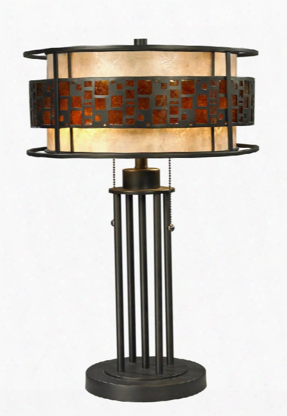 Oak Park Z14-50tl 14" 2 Light Table Lamp Craftsman Tiffanyhave Steel Frame Wit Java Bronze Finish In Amber Mica Outside; White