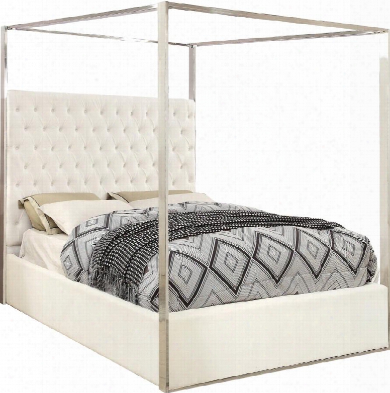 Porter Collection Porterwhite-q 87" Queen Bed With Velvet Upholstery Deep Detailed Tufting Chrome Canopy And Full Slats In