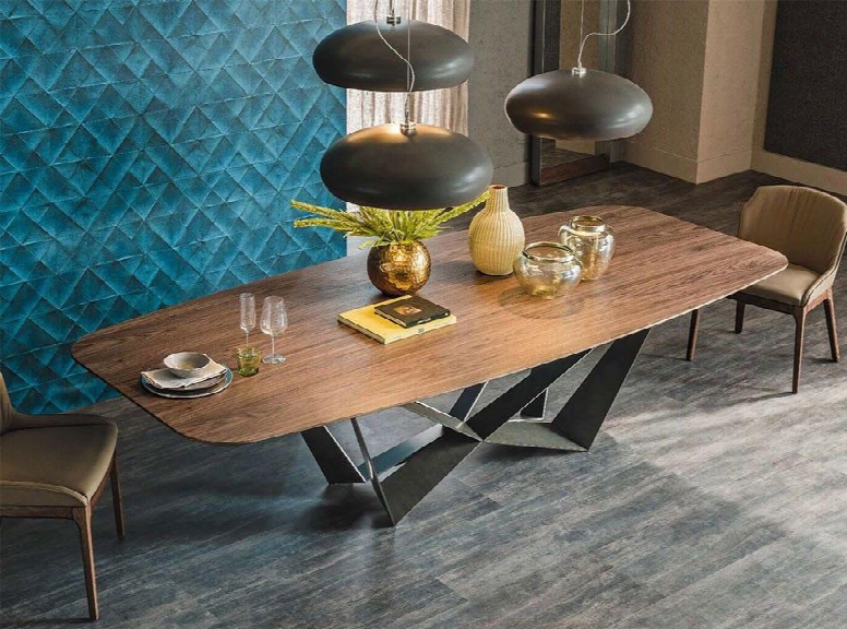 Sa-201 79" Dining Table With Oblong Shaped With Angled Edges Solid Steel Base Crisscrossing Legs In Brown