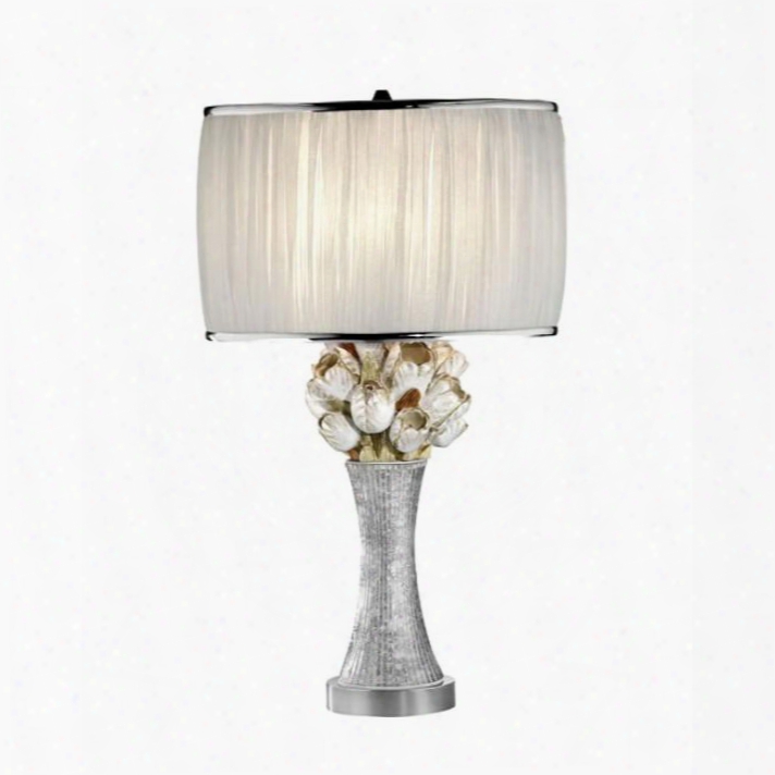 Simone L95508t Table Lamp With Silver Body With Glitter Embellishment Floral Accents Pleated White Sheer Oval-shaped Shade With Silver Trim Shade: 12.25" X