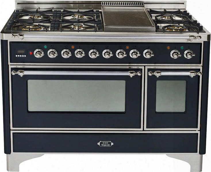 Um-120-fdmp-n-x 48" Majestic Series Freestanding Dual Fuel Range With Chrome Trim 6 Semi-sealed Burners 4.99 Cu. Ft. Total Capacity Griddle Digital Clock