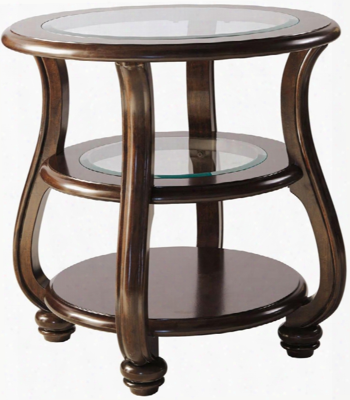 Yexenburg Collection T819-6 28" Round End Table With Beveled Tempered Glass Inserts 2 Shelves Swan-neck Legs And Short Bun Feet In Dark