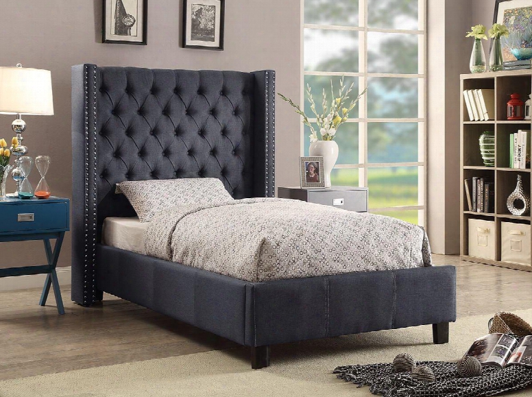 Ashton Ashtongrey-t Twin Size Size Upholstered Bed With Deep Detailed Tufting Chrome Nailheads And Wing Design In