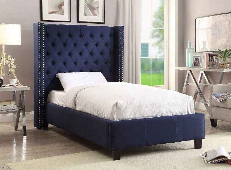 Ashtno Ashtonnavy-t Twin Size Upholstered Bed With Deep Detailed Tufting Chrome Nailheads And Wing Design In