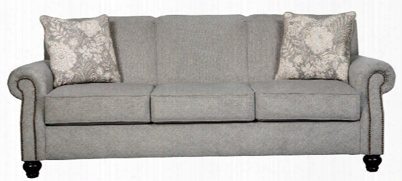 Avelynne Collection 8130238 92" Stationary Sofa With Chenille Upholstery 2 Toss Pillows Turned Bun Feet Bronze-tone Nailhead Trim And Rolled Arms In Ocean