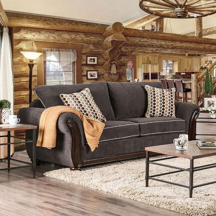 Bowdle Collection Sm6301-sf 93" Sofa With Premium Fabric Intricate Wood Details And Rolled Arms In Dark