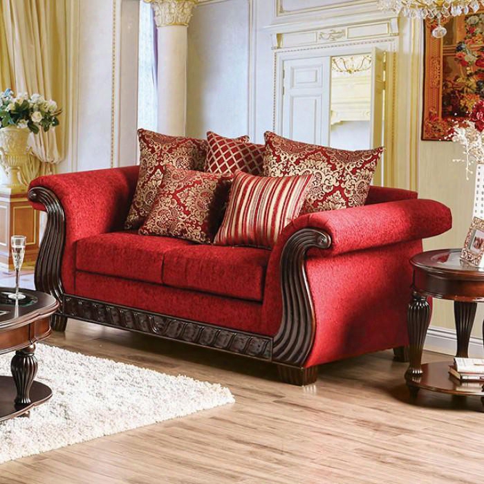 Corinna Collection Sm6209-lv 74" Love Seat With Chenille Fabric Intricate Wood Trim Loose Back Pillows And Rolled Arms In Ruby