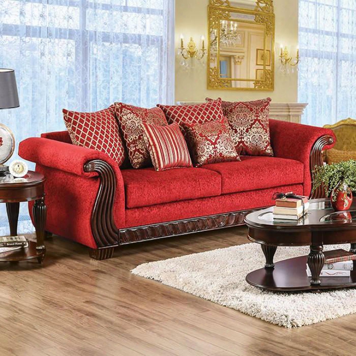 Corinna Collection Sm6209-sf 96" Sofa With Chenille Fabric Intricate Wood Trim Loose Back Pillows And Rolled Arms In Ruby