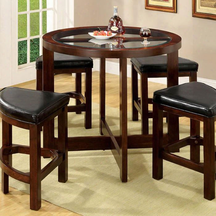 Crystal Cove I Cm3321pt-5pk 5 Pc. Glass-insert Round Counter Ht. Table Set With Contemporary Style Padded Leatherette Stool Dark Walnut Finish 5mmm Beveled