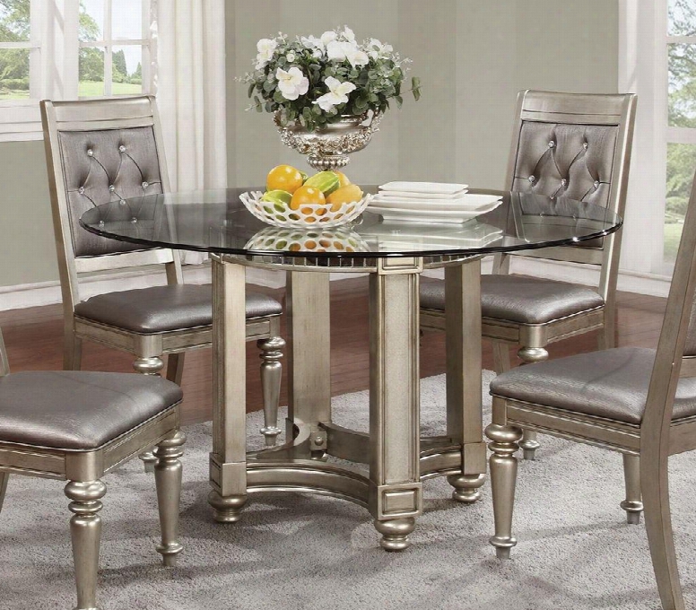 Danette Collection 106470cb54rd 54" Round Dining Table With Beveled Edge Tempered Glass Top Pedestal Base And Asian Hardwood Construction In Metallic Platinum