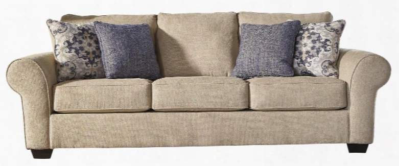 Deniatsse Collection 8490438 1002" Sofa With Rolled Arms Block Feet 4 Toss Pillows And Fabric Upholstery In