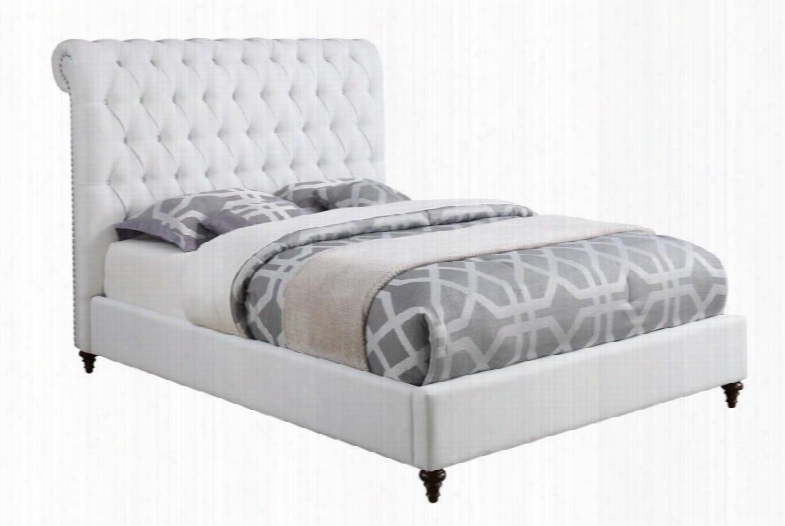 Devon Collection 300526ke Eastern King Size Panel Bed With Bronze Nail Head Trim Rolled Button-tufted Headboard Turned Legs And Fabric Upholstery In White