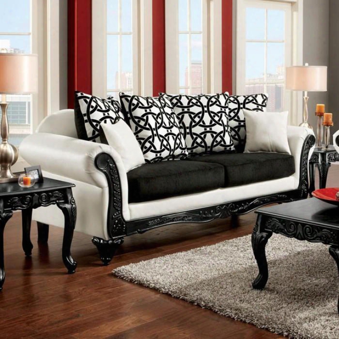 Dolphy Collection Sm7600-sf 90" Sofa With Rolled Arm Intricate Carving And Fabric & Leatherette Upholstery In Black And