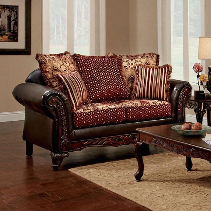 Ellis Collection Sm7507-lv 71" Love Seat With Chenille Fabric & Leatherette Intricate Wood Trim Loose Back Pillows And Rolled Arms In Brown And