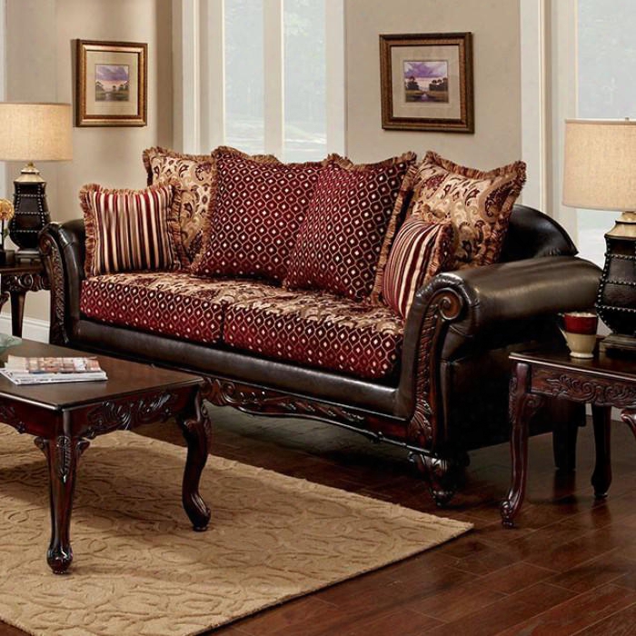 Ellis Collection Sm7507-sf 93" Sofa With Chenille Fabric & Leatherette Intricate Wood Trim Loose Back Pillows And Rolled Arms In Brown And