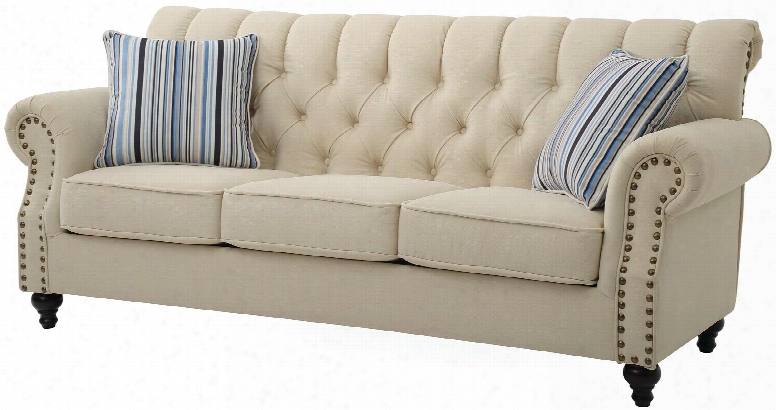 G523-s 88" Sofa With Button Tufted Back Nailhead Trim Throw Pillows Rolled Arms Turned Wood Legs Self Welted Cushions And Fabric Upholstery In Cream